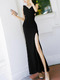 Black Slim Over-Hip Furcal Maxi V Neck Bodycon Dress for Party Evening Cocktail Prom Bridesmaid