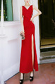 Red Slim Over-Hip Furcal Maxi V Neck Bodycon Dress for Party Evening Cocktail Prom Bridesmaid