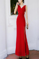 Red Slim Over-Hip Furcal Maxi V Neck Bodycon Dress for Party Evening Cocktail Prom Bridesmaid