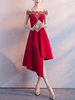 Red Slim Embroidery Off-Shoulder Midi Fit & Flare Dress for Party Evening Cocktail Prom Bridesmaid