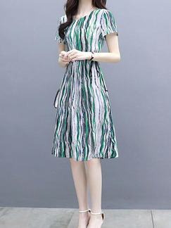 Green Colorful Slim Stripe Printed Band Midi Fit & Flare Plus Size Dress for Casual Party Office