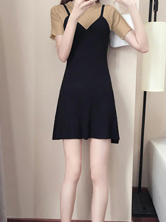 Black and Khaki Slim Contrast Seem-Two Fit & Flare Above Knee Plus Size Dress for Casual Party
