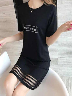 Black Slim Letter Linking Mesh Shift Knee Length Plus Size Dress for Casual Party