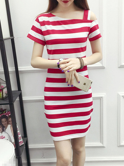 Red and White Slim Contrast Stripe Off-Shoulder Above Knee Bodycon Dress for Casual Party