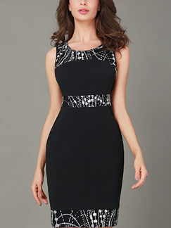 Black Slim Linking Printed Over-Hip Above Knee Bodycon Dress for Casual Party Evening Office