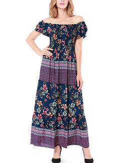 Colorful Slim Printed Off-Shoulder Maxi Floral Dress for Casual Party