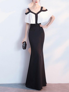 Black and White Slim Contrast Cloak Over-Hip Maxi  Dress for Party Evening Cocktail Prom