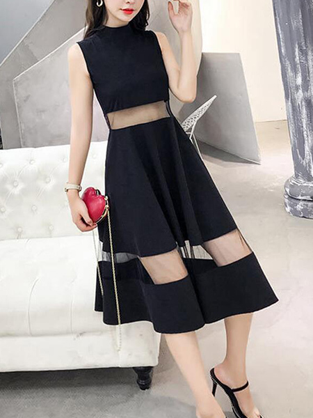 Black Slim Linking Mesh High Waist Midi Dress for Casual Party