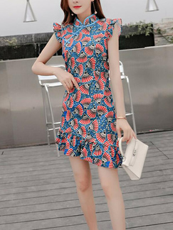 Blue and Red Slim Printed Ruffle Above Knee Dress for Casual Party