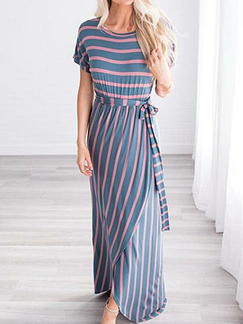 Blue and Pink Slim Contrast Stripe Band Maxi Dress for Casual Beach