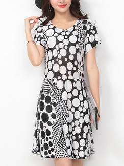 Black and White Slim Contrast Wave Point Above Knee Dress for Casual Party