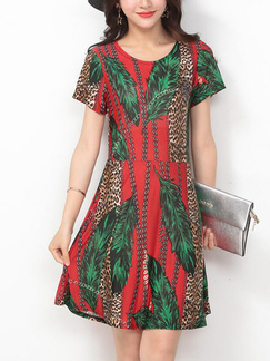 Red Green Colorful Slim Linking Located Printing Above Knee Dress for Casual Party
