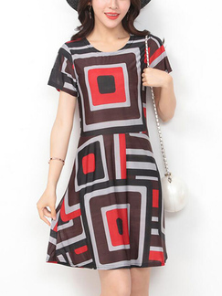 Colorful Slim Contrast Located Printing Above Knee Dress for Casual Party