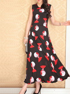 Black White and Red Slim Printed High Waist Maxi  Dress for Casual Party