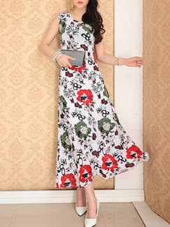 White Colorful Slim Printed High Waist Maxi  Dress for Casual Party