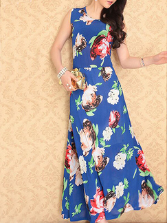 Blue Colorful Slim Printed High Waist Maxi Floral Dress for Casual Party