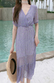 Purple Slim Floral High Waist Midi V Neck Dress for Casual Party Beach