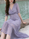Purple Slim Floral High Waist Midi V Neck Dress for Casual Party Beach