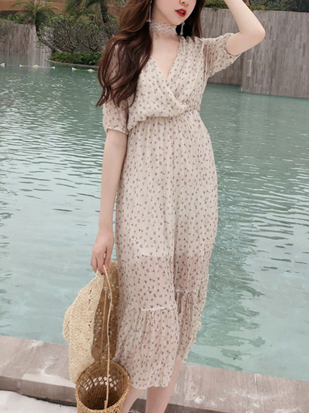 Beige Slim Floral High Waist Midi V Neck Dress for Casual Party Beach