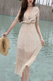 Beige Slim Floral High Waist Midi V Neck Dress for Casual Party Beach