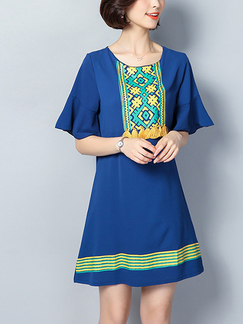 Blue and Colorful A-Line Printed Tassels Ruffled  Plus Size Shift Above Knee Dress for Casual Party