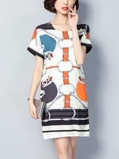 White and Colorful Located Printing Loose Plus Size Cartoon Pattern Shift Above Knee Dress for Casual Party Office