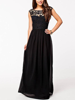 Black Chiffon Lace Linking Open Back Cutout Maxi Dress for Party Evening Bridesmaid Prom
