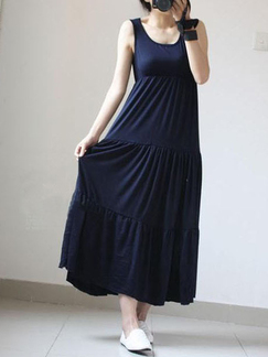 Navy Blue Pleated Linking Adjustable Waist Maternity Wear Shift Maxi Dress for Casual