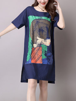Navy Blue and Colorful Plus Size Loose Furcal Literary Shift Above Knee Dress for Casual Party