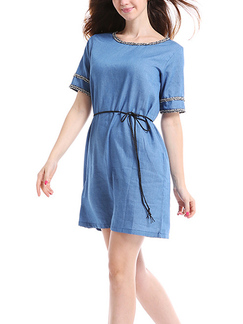 Blue Plus Size Loose Band Denim Patch Embroidered Shift Above Knee Dress for Casual Party