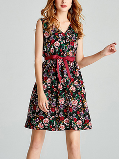 Colorful Plus Size V Neck Printed Adjustable Waist Band Floral Above Knee Dress for Casual Party