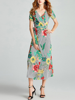 Colorful Plus Size Printed Stripe Cardigan Band Floral V Neck Midi Dress for Casual Party