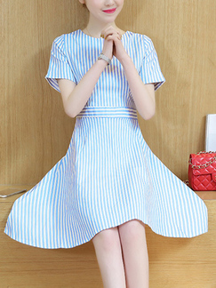 Blue and White Plus Size Stripe Slim A-Line Fit & Flare Above Knee Dress for Casual Party