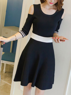 Black and White Plus Size Slim A-Line Off-Shoulder Round Neck Fit & Flare Above Knee Dress for Casual Party