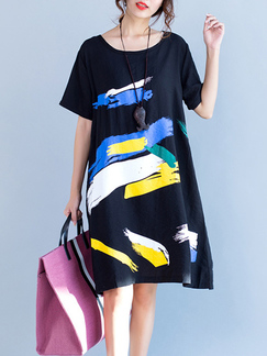 Black and Colorful Plus Size Loose Round Neck Printed Pocket Shift Knee Length Dress for Casual Party