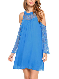 Blue Plus Size Lace Linking Off-Shoulder Placket Front Shift Long Sleeve Above Knee Dress for Casual Party Evening