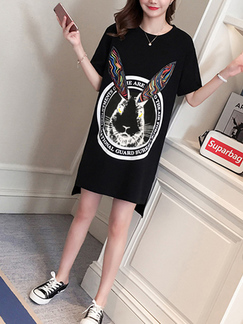 Black and Colorful Shift Above Knee Plus Size Printed Cartoon Dress for Casual Party