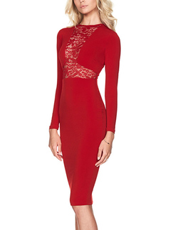 Red Tight Lace Cutout Linking Knee Length Long Sleeve Bodycon Dress for Party Evening Cocktail Semi Formal