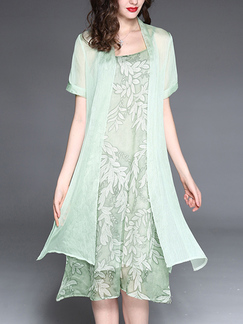 Light green Chiffon Printed Plus Size Furcal Sling Shift Knee Length Dress for Casual