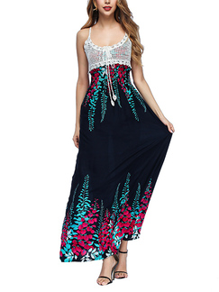 Black and Colorful Sling Lace Band Printed Open Back Seem-Two Maxi Dress for Casual Party