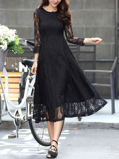 Black Lace Slim A-Line Midi Round Neck Midi Long Sleeve Dress for Party Evening Cocktail Semi Formal