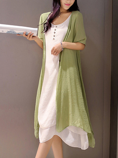 White and Green Plus Size Loose Single-breasted Cardigan Midi Asymmetrical Hem Knee Length Shift Dress for Casual