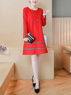 Red and Colorful Printed Stripe A-Line Round Neck Plus Size Shift Above Knee Long Sleeve Dress for Casual Office