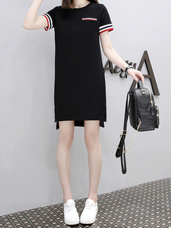 Black and Colorful Plus Size A-Line Contrast Round Neck Furcal Shift Above Knee Dress for Casual Sporty