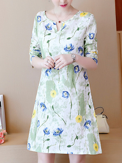 White and Colorful Plus Size Loose Printed Placket Front V Neck Above Knee Floral Shift Long Sleeve Dress for Casual Party