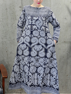White and Blue Plus Size Loose Printed Full Skirt Long Sleeve Dress for Casual
