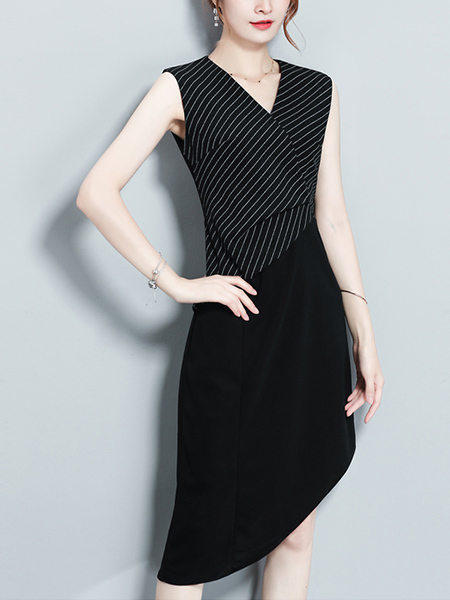 Black Slim Plus Size Stripe Linking Asymmetrical Hem Knee Length V Neck Dress for Party Evening Semi Formal Office