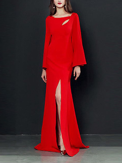 Red Slim Cutout Neck Over-Hip Furcal Maxi Long Sleeve Dress for Party Evening Cocktail Prom