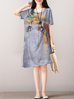 Grey and Colorful Plus Size Literary Loose Linking Printed Shift Knee Length Dress for Casual