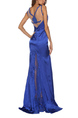 Blue Slim Fishtail Over-Hip V Neck Linking Lace See-Through Open Back Maxi Dress for Party Evening Cocktail Prom